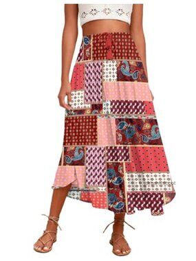 Flowy Pleated A-Line Midi Skirt High Waisted Boho Casual Long Skirt